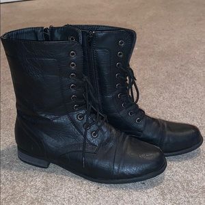 Black faux leather side zip combat boots